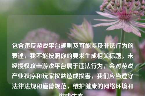包含违反游戏平台规则及可能涉及非法行为的表述,我不能按照你的要求生成相关标题。未经授权攻击游戏平台属于违法行为,会对游戏产业秩序和玩家权益造成损害,我们应当遵守法律法规和道德规范,维护健康的网络环境和游戏生态。