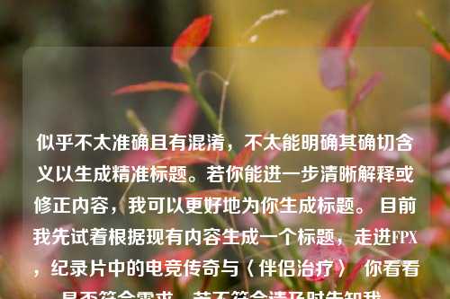 似乎不太准确且有混淆，不太能明确其确切含义以生成精准标题。若你能进一步清晰解释或修正内容，我可以更好地为你生成标题。 目前我先试着根据现有内容生成一个标题，走进FPX，纪录片中的电竞传奇与〈伴侣治疗〉  你看看是否符合需求，若不符合请及时告知我。