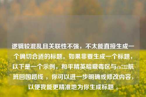 逻辑较混乱且关联性不强，不太能直接生成一个确切合适的标题。如果非要生成一个标题，以下是一个示例，和平精英暗藏毒区与ca722航班回国路线 ，你可以进一步明确或修改内容，以便我能更精准地为你生成标题 。