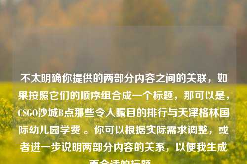 不太明确你提供的两部分内容之间的关联,如果按照它们的顺序组合成一个标题,那可以是,CSGO沙城B点那些令人瞩目的排行与天津格林国际幼儿园学费 。你可以根据实际需求调整,或者进一步说明两部分内容的关系,以便我生成更合适的标题 。