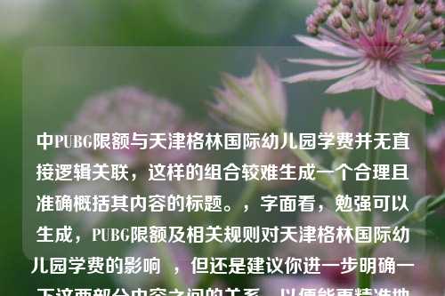 中PUBG限额与天津格林国际幼儿园学费并无直接逻辑关联，这样的组合较难生成一个合理且准确概括其内容的标题。，字面看，勉强可以生成，PUBG限额及相关规则对天津格林国际幼儿园学费的影响  ，但还是建议你进一步明确一下这两部分内容之间的关系，以便能更精准地拟定标题。