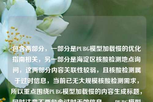 包含两部分，一部分是PUBG模型加载慢的优化指南相关，另一部分是海淀区核酸检测地点询问，这两部分内容关联性较弱，且核酸检测属于过时信息，当前已无大规模核酸检测需求，所以重点围绕PUBG模型加载慢的内容生成标题，同时注意不要包含过时无效信息。，PUBG模型加载慢根源排查与全场景落地优化指南