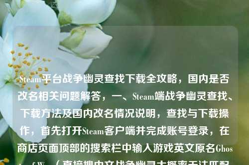 Steam平台战争幽灵查找下载全攻略，国内是否改名相关问题解答，一、Steam端战争幽灵查找、下载方法及国内改名情况说明，查找与下载操作，首先打开Steam客户端并完成账号登录，在商店页面顶部的搜索栏中输入游戏英文原名Ghosts of War（直接搜中文战争幽灵大概率无法匹配到对应游戏），在弹出的搜索结果里找到对应二战题材射击类的战争幽灵条目，点击进入游戏商店页后，若游戏处于可获取状态，点击添加到库/安装按钮，按照页面提示完成下载路径设置等操作，即可自动完成下载安装流程。，国内改名相关说明，目前战争幽灵并没有在Steam国区推出官方改名版本，由于国区相关发行规则限制，该游戏并未在Steam国区商店正式上架，不存在国内官方定名/改名的说法，部分玩家提到的中文别名都是玩家群体间的非官方称呼，并非官方调整的正式名称。如果直接在国区账号搜索栏检索，大概率会搜不到对应游戏，需要切换到对应可发行区域的账号才能正常检索到游戏条目。